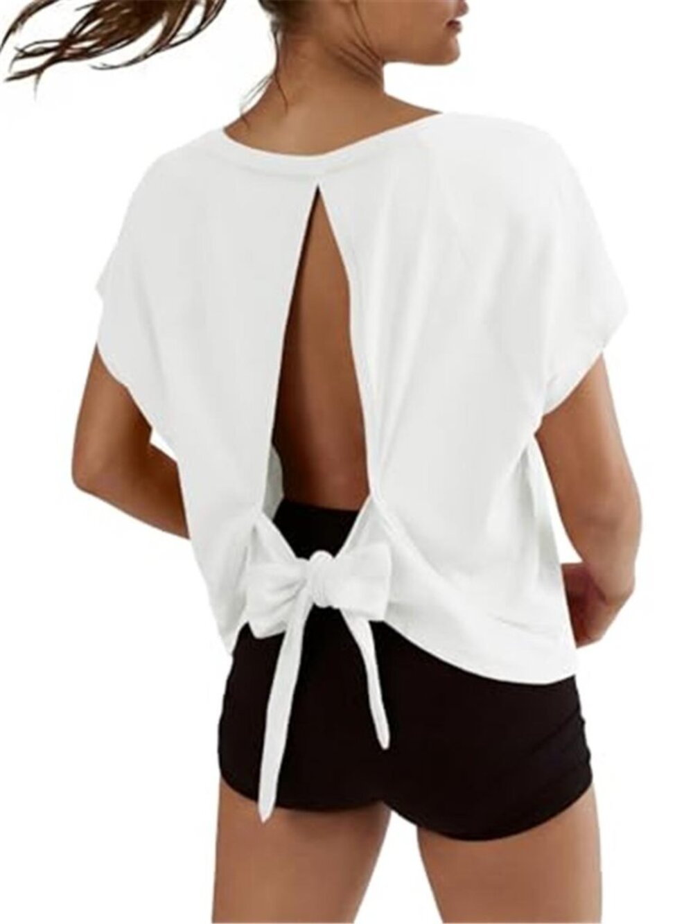 White Open Back Tie Back Crop Top Oversized Yoga Workout Tee